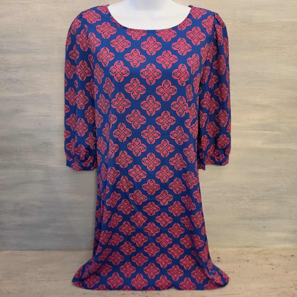 Karlie Blue Red Geometric Block Print Floral Motif Shift Mini Dress Medium GC